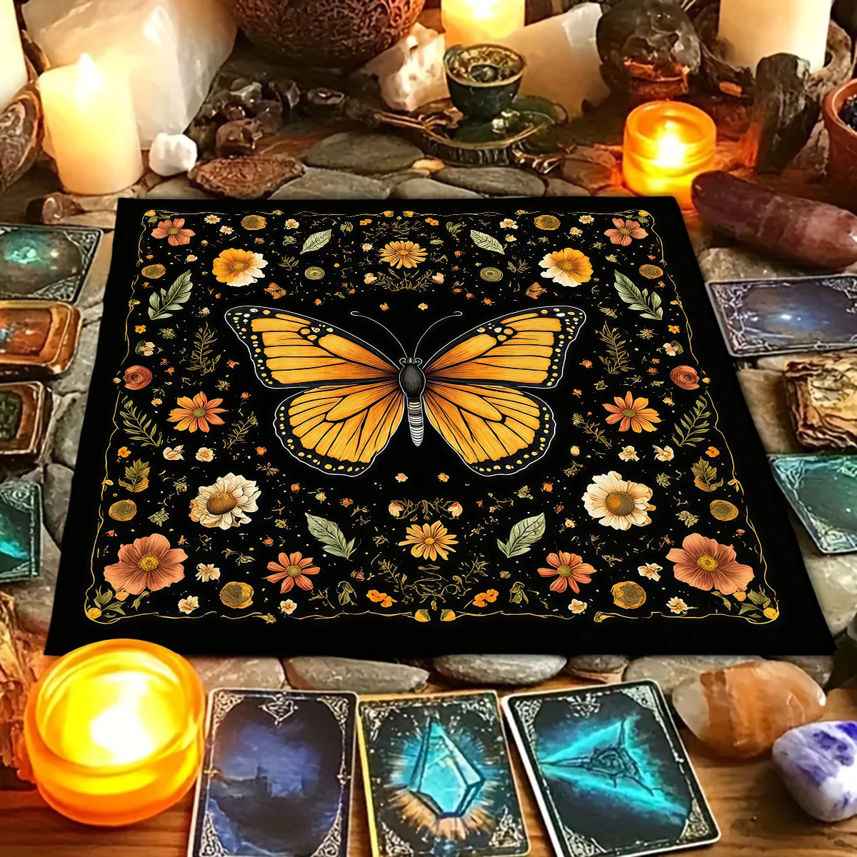 Nappe de table de tarot florale Papillon Lune, Tapis d'autel Arbre de Vie, Décoration d'autel, Tapis de divination pour sorcellerie, astrologie et oracle