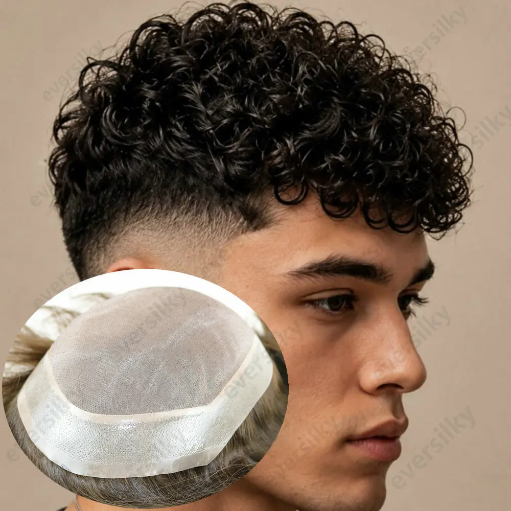 15mm/18mm/20mm Curly Toupee for Men Virgin Human Hair Replacement Systems Men's Hairpieces Super Durable Mono Lace with PU Base
