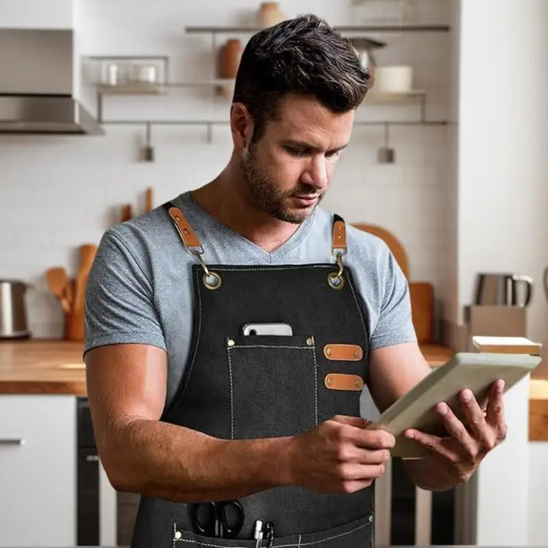 {CC44} 1 Delantal de Cocina de Lona para Mujer y Hombre, Delantal de Trabajo para Chef, para Parrilla, Restaurante, Bar, Tienda, Cafeterías, Salones de Belleza y Uñas, Uniforme