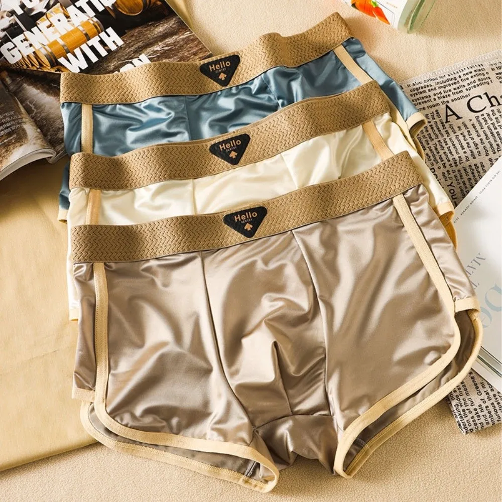 

3Pcs Simple Thin Satin Silk Boxer Briefs Mid Waist Seamless Ice Silk Boxers Underpants Solid Color Underwear for Men Men