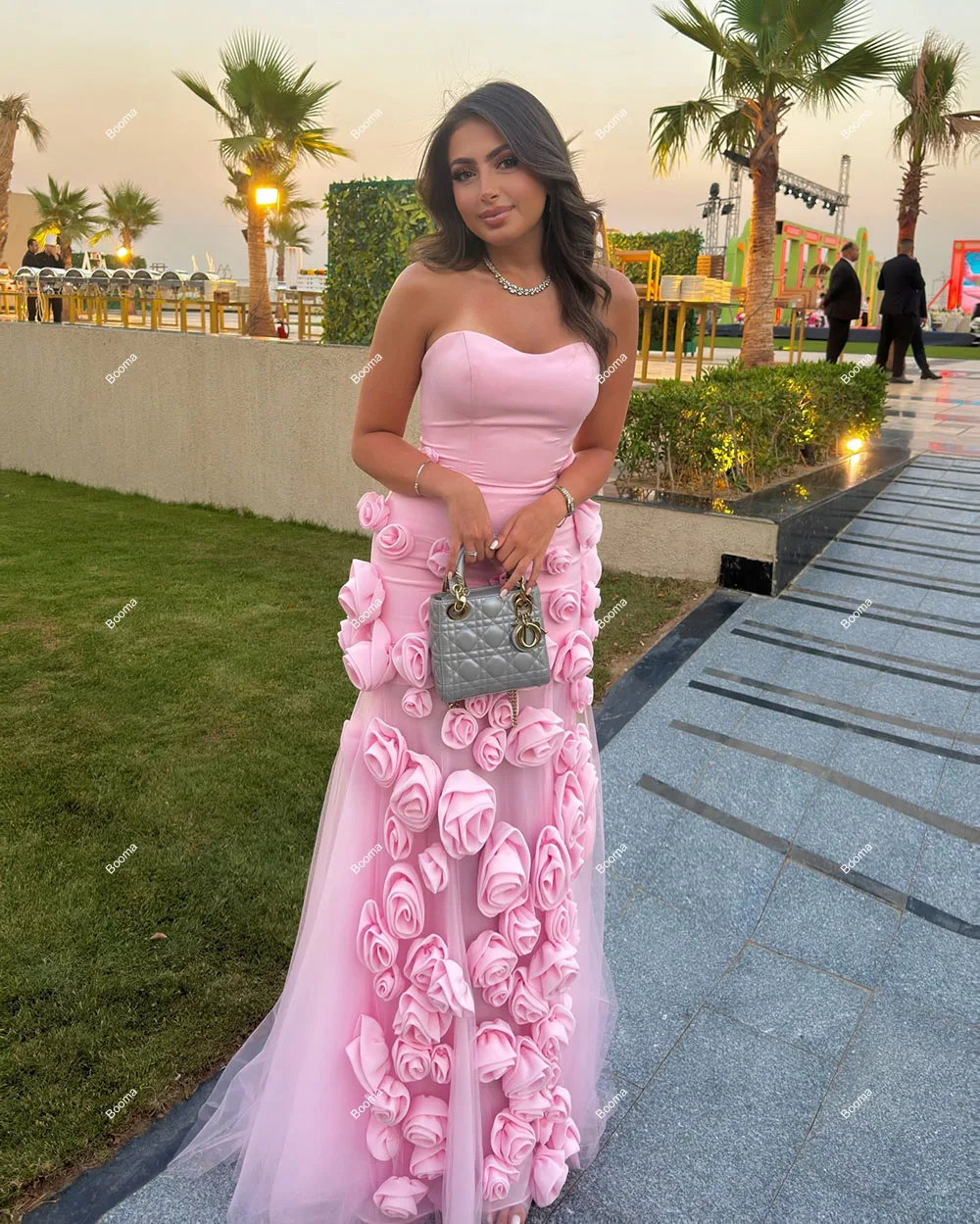 Booma Pink Mermaid Evening Dresses Sweetheart Sleeveless 3D Flowers Special Occasion Gowns for Women Side Slit Party Prom Dress