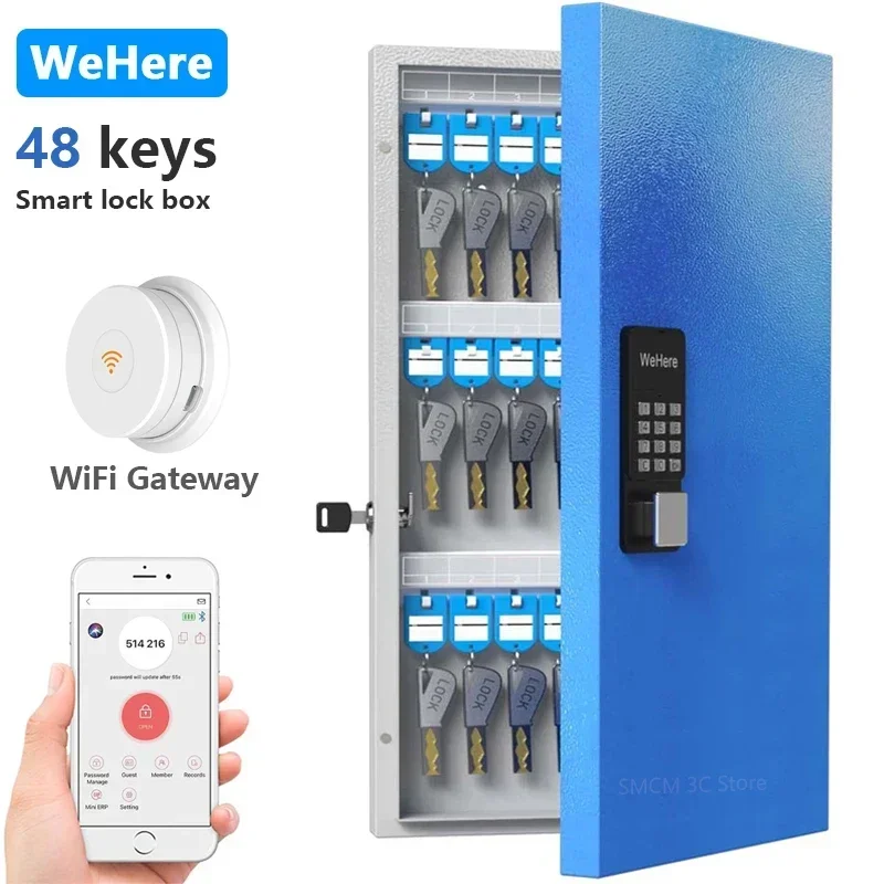 WeHere 48 Key Lock Box, Intelligent Wall Mounted Key Storage Cabinet,OTP/APP Bluetooth/fixed Code Unlocking Key Management Safe