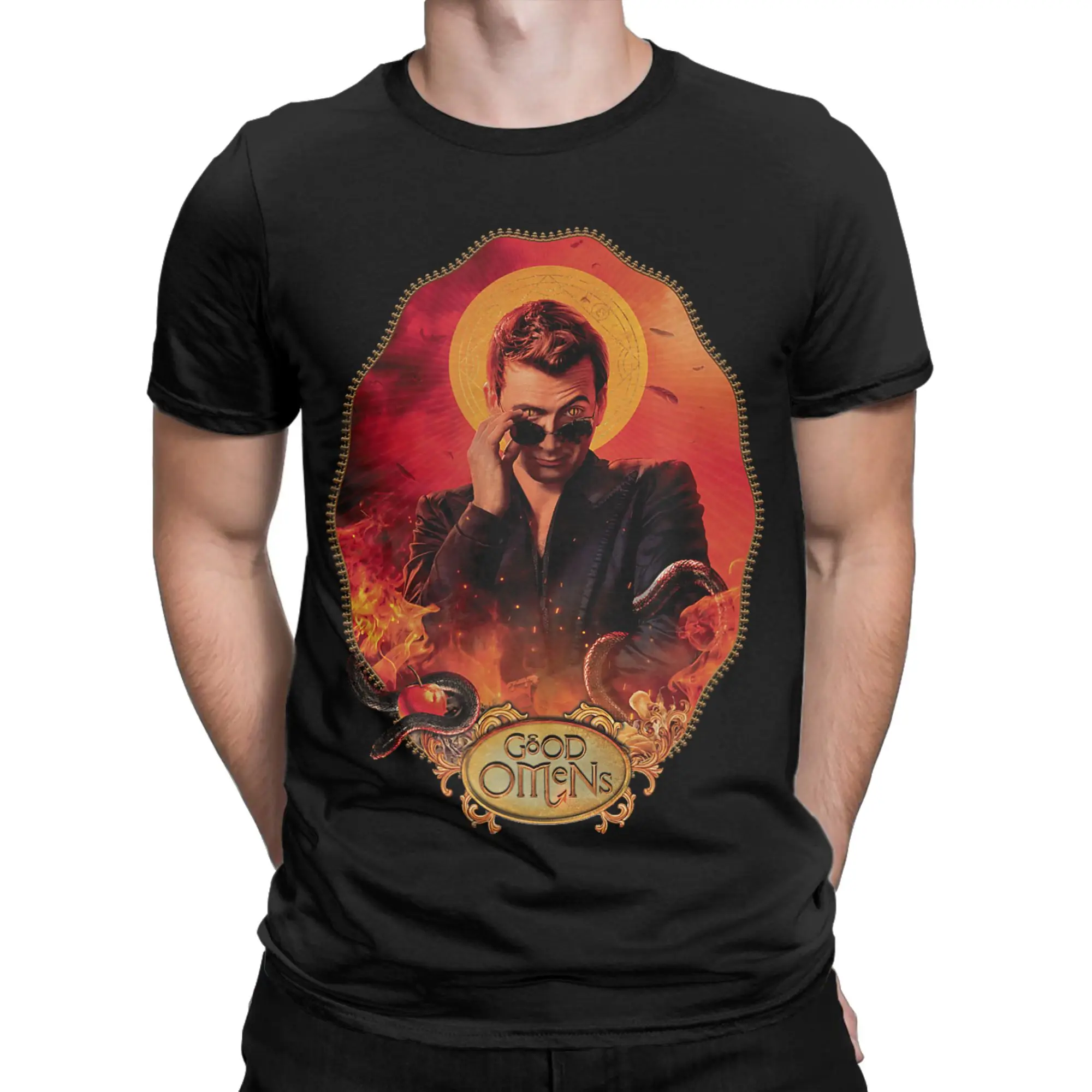 Vintage Good Omens Crowley T-Shirts for Men Crewneck Cotton T Shirt  Short Sleeve Tee Shirt Unique Tops