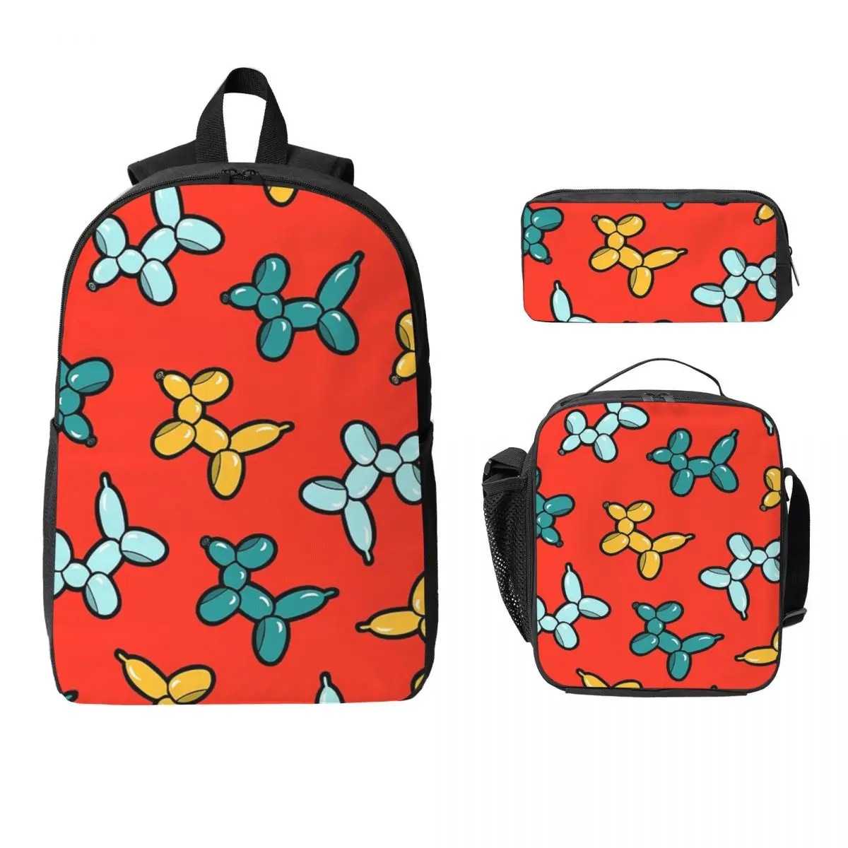 Balloon Animal Dogs Pattern In Red Backpack BookBag School Bag Computer Shoulder Bags 3ps Insulated Lunch Bag Pencil Case