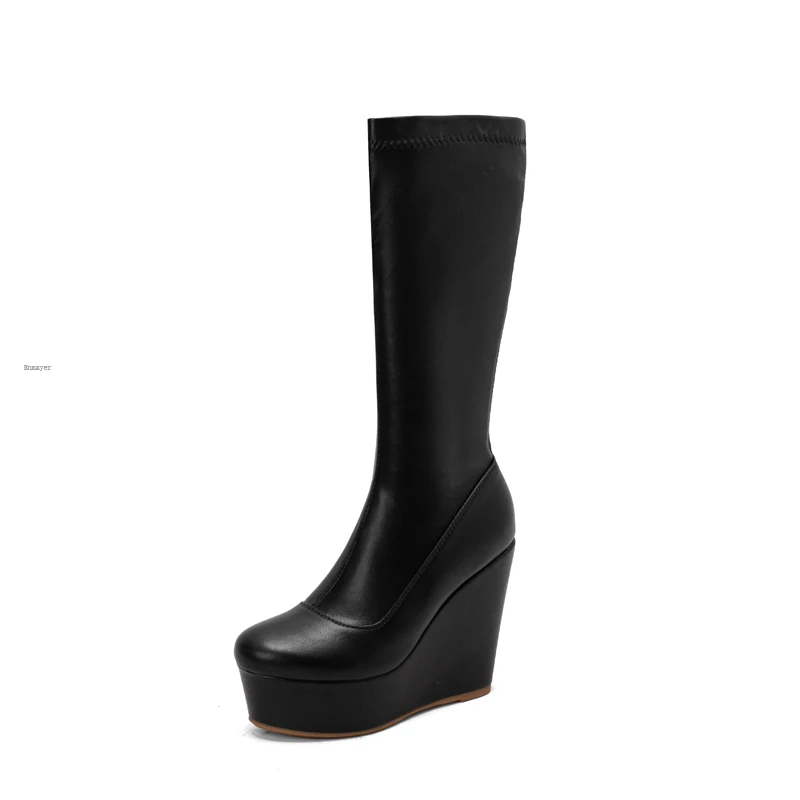 

ENMAYERENMAYER Round Head and Calf Boots New 2022 Wedge Side Zipper Fashion Thick Sole High Heels Nightclub Thin Women Boots