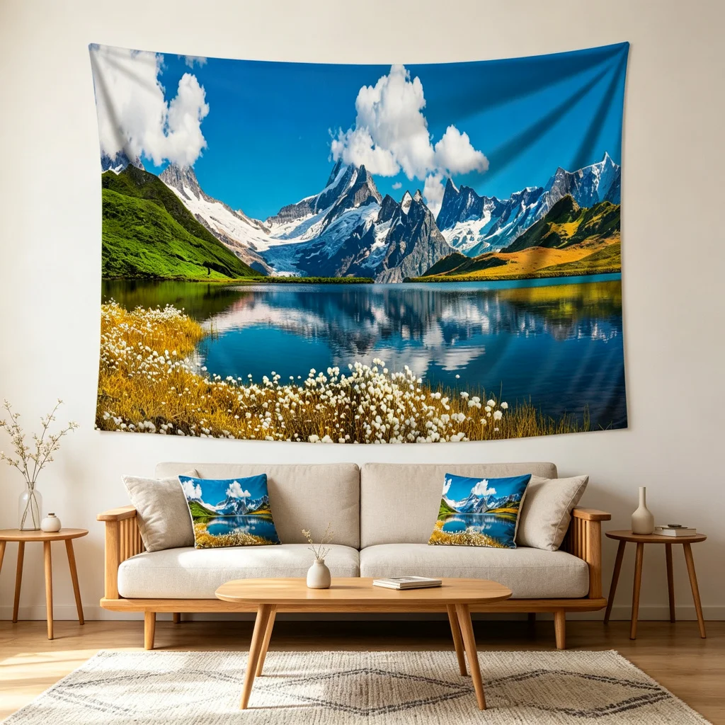1PC Snow Mountain Lake View Art Print Backdrop Banner, Bedroom Living Room Photo Background, Polyester, Home Decor, Wall Art