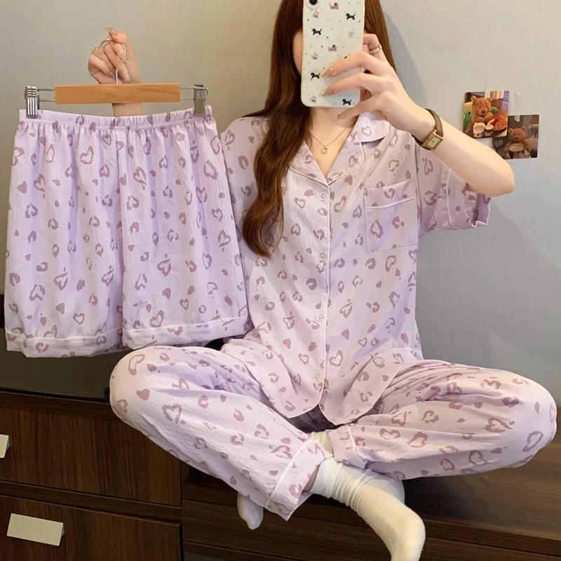 Trendy Instagram-Style Leopard Heart Cloud Cotton Pajamas for Women, Summer Short-Sleeve Homewear Three-Piece Set, Real Shots