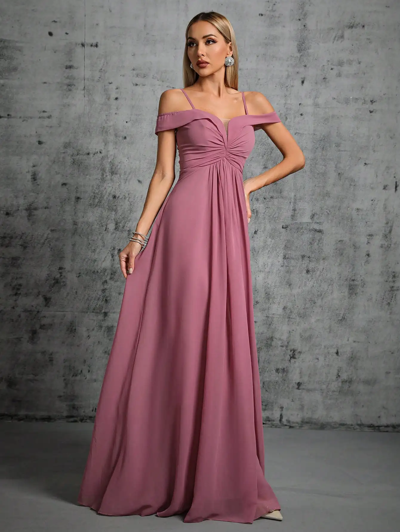 Mgiacy One-shoulder V-neck pleated chiffon long dress Evening Ball dress Party dress Bridesmaid dress