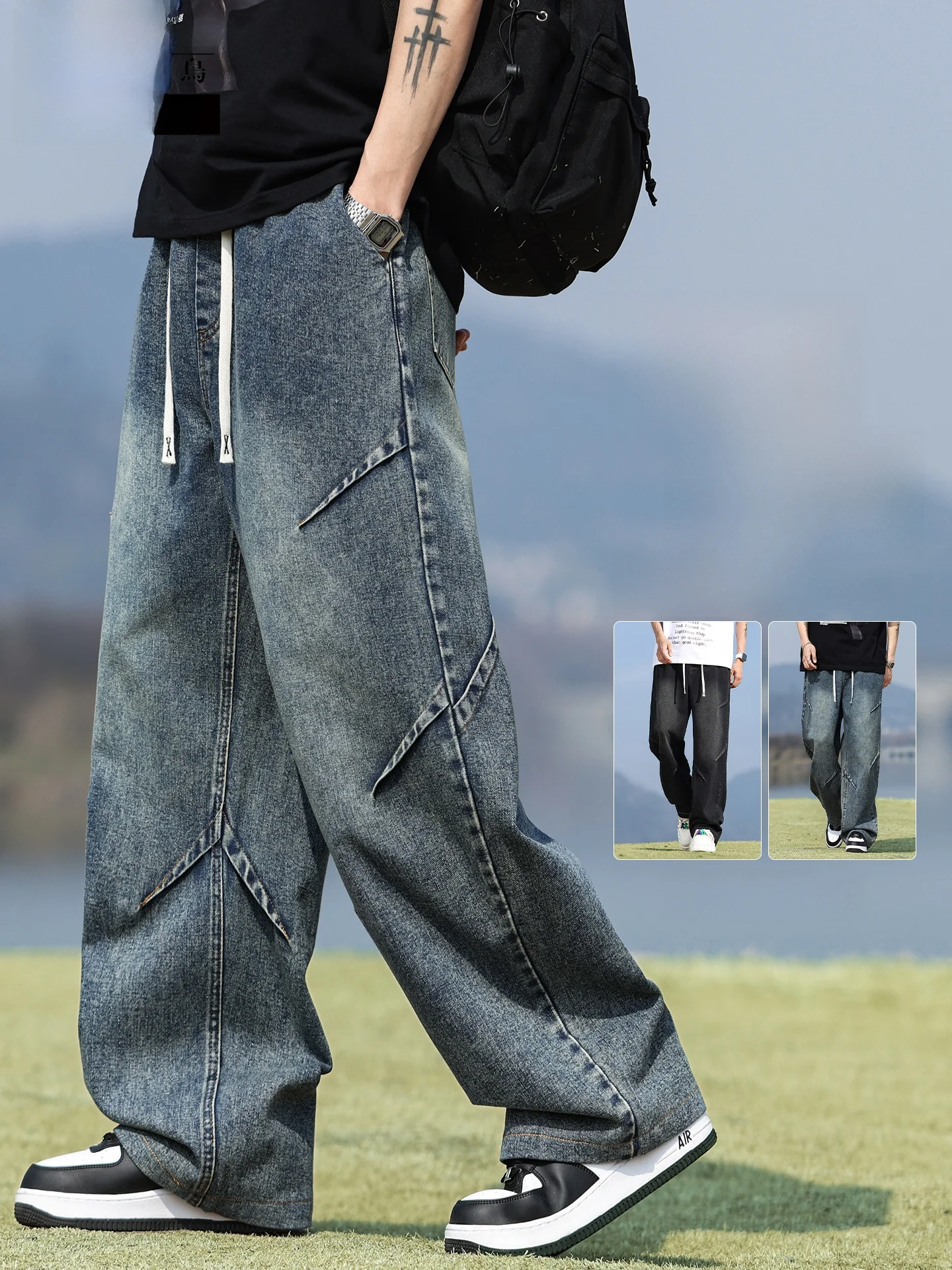 Calça Jeans Masculina TUCANO Solta de Perna Reta Verão 2026 Retrô Americana Casual de Perna Larga Calça Longa em Mistura de A...
