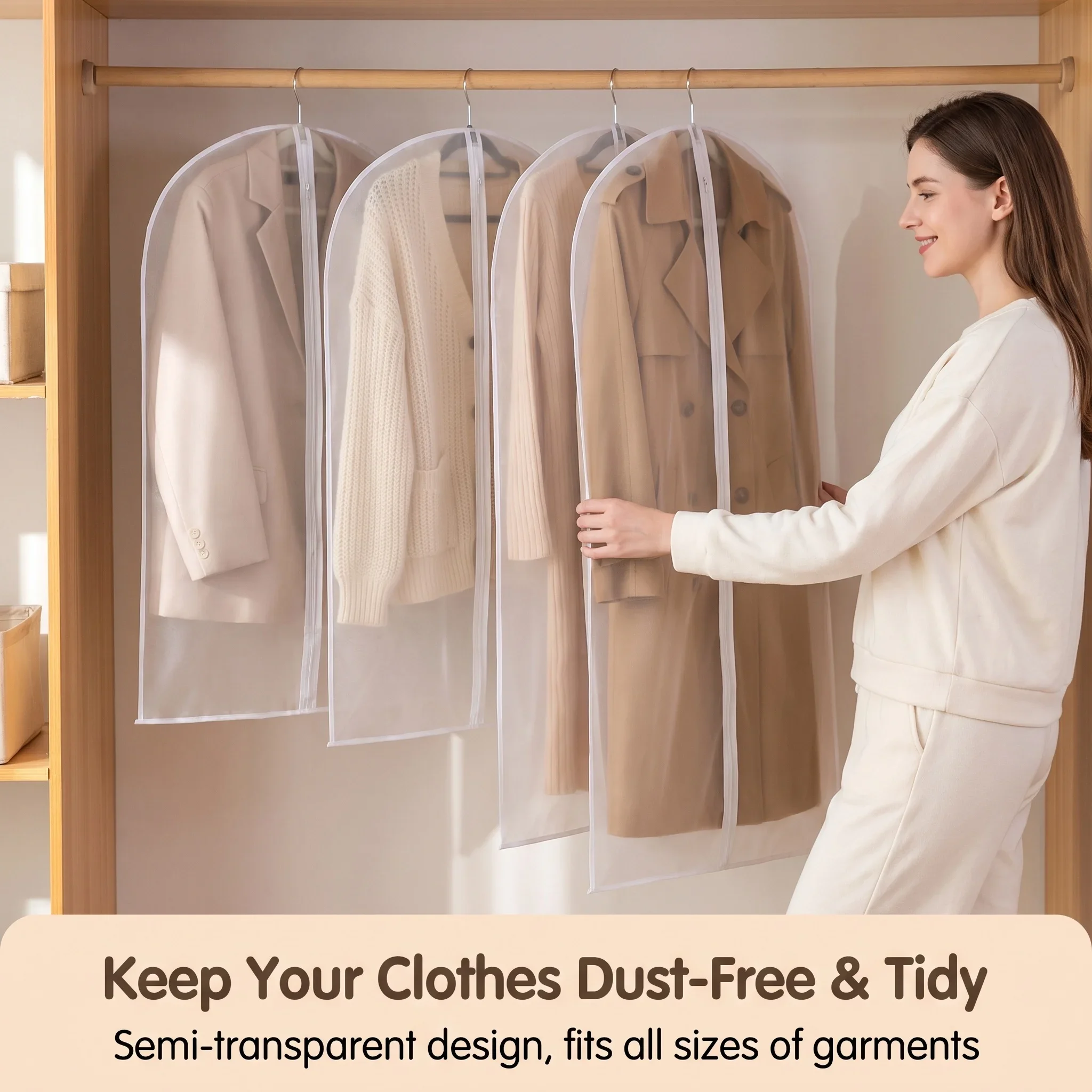 Translucent Clothing Dust-Proof Storage Bag 4 Sizes for Coats Dresses Shirts Zippered Closure Fits All Clothing Types