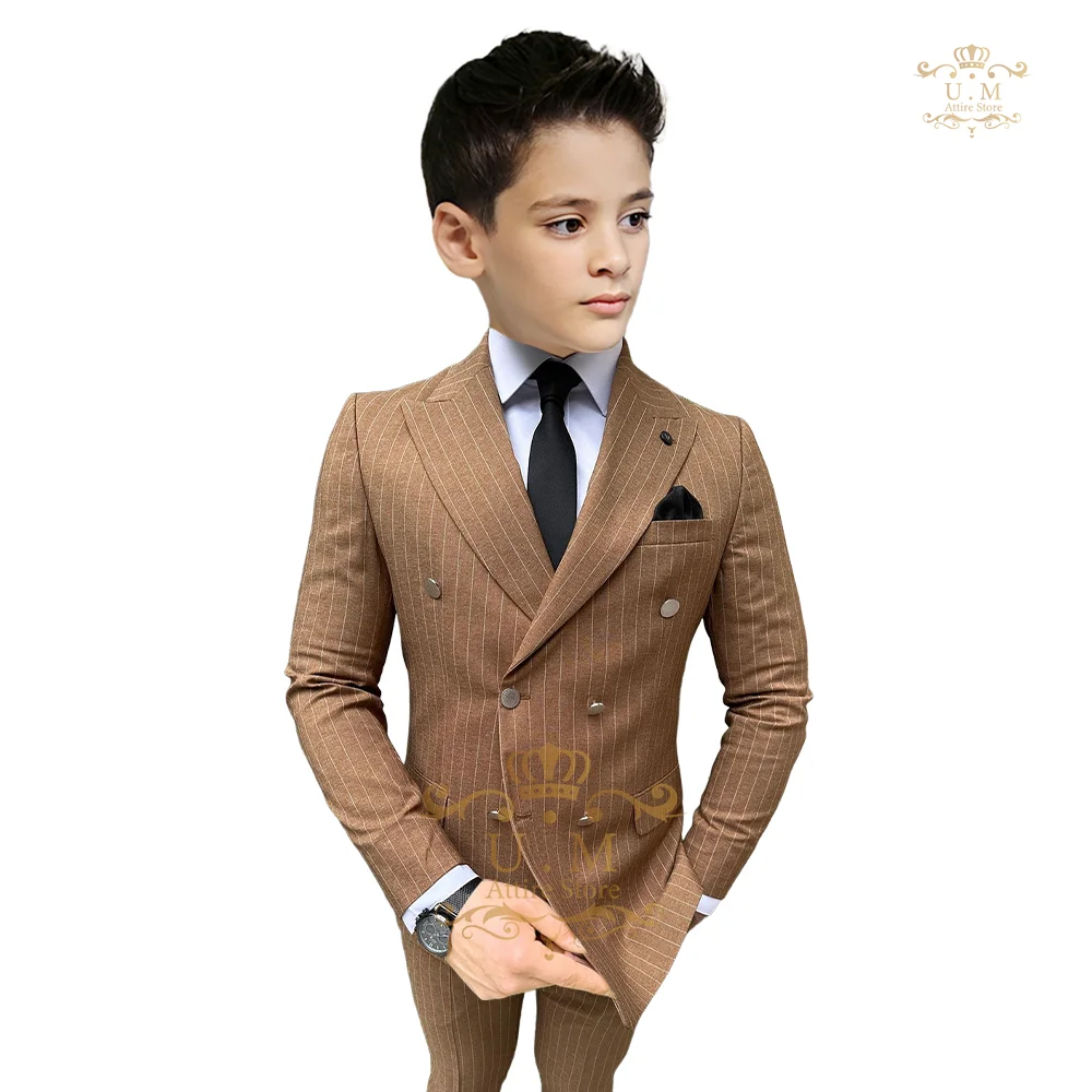 

Elegant brown suit for boys 2-piece (jacket+pants) custom striped peak lapel double-breasted slim fit kids' tuxedo for wedding