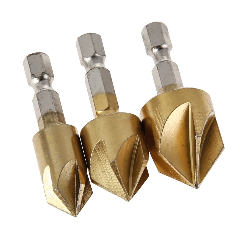 3 PCS Countersink Drill Bit Set 90 Degree 5 Flute 1/4 Inch Hex Shank HSS Hex Chamfer Boring Drill for Wood Metal Plastic