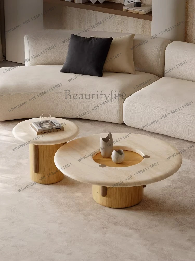 LD Log Wind Round Marble Coffee Table Combination Living Room Home High-end Coffee Table