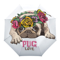 Pug Flowers Wreath Automatic Umbrella Men Women Rain Windproof Outdoor Travel Sun Three Folding Umbrellas 8 Ribs Gift Parasol