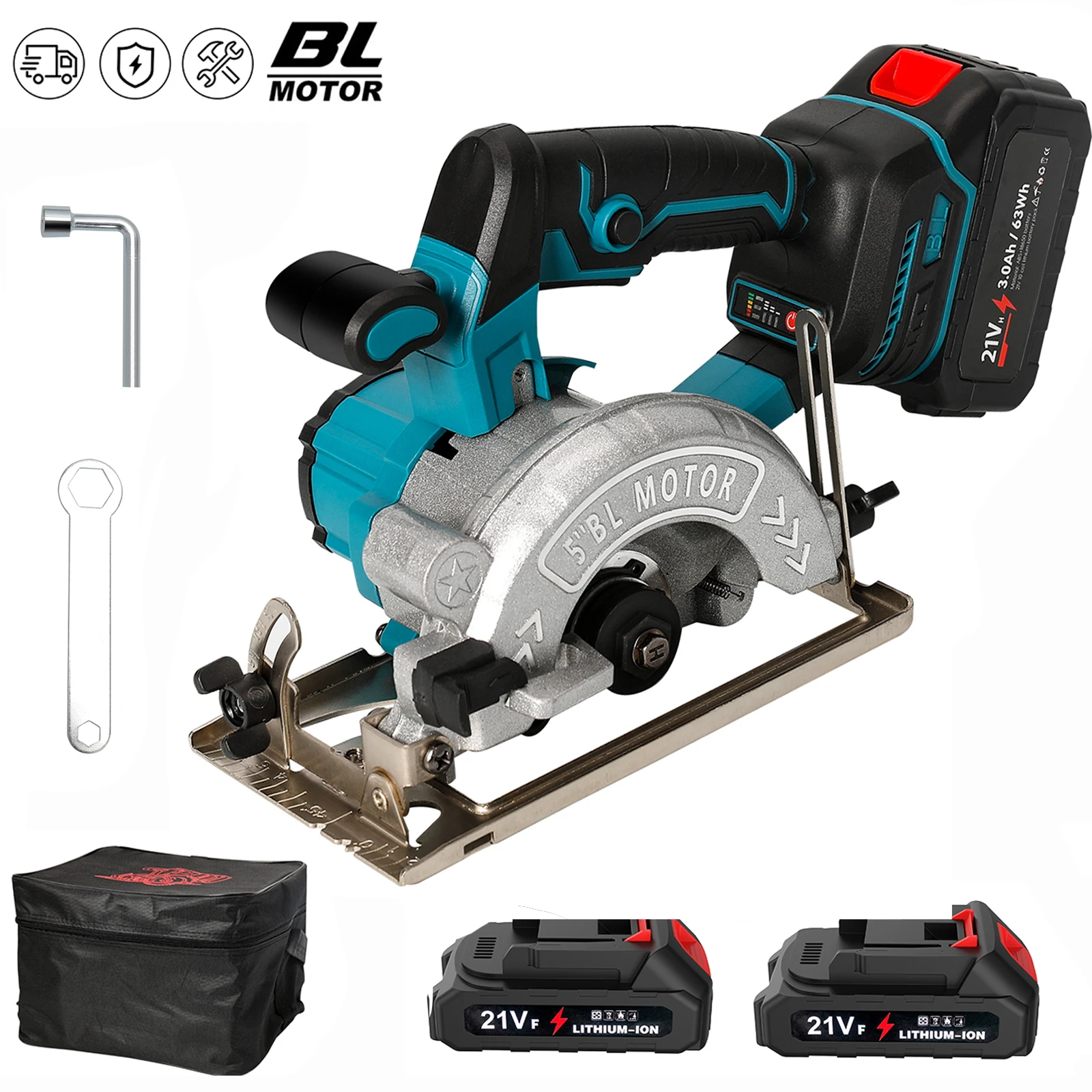 Scie circulaire électrique sans fil 5/6 pouces 125 mm, outil de jardinage et de travail du bois à angle réglable, compatible avec batterie Makita 18V