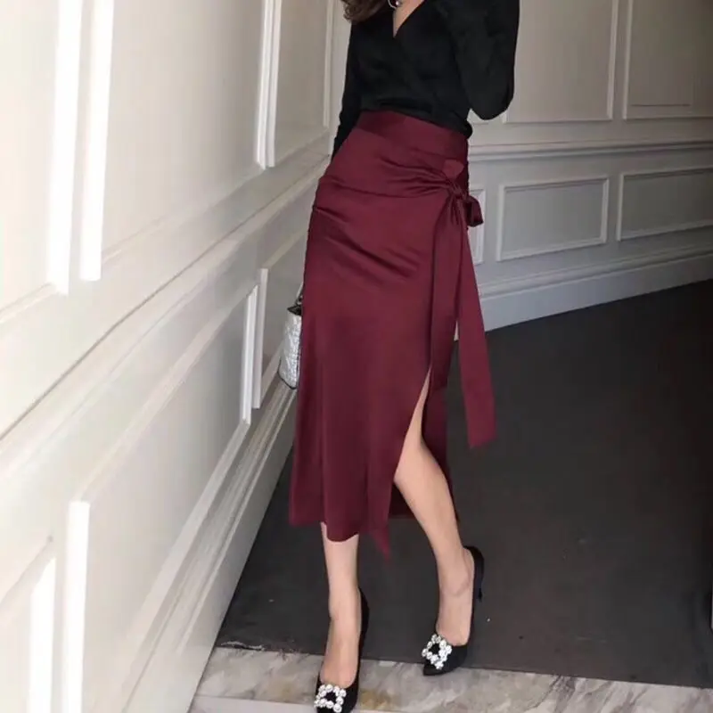Women's Summer Skirt Korean Style Elegant Satin High Waist Sexy Skirt Temperament Wine Red Slim Fit Skirts Woman Fashion 2026