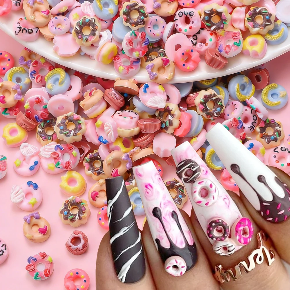 50pcs Pink Donut Cartoon Nail Art Charms Kawaii Summer Ice Cream Mixed Resin Nail Decoration Candy/Baking Manicure Crafts Parts