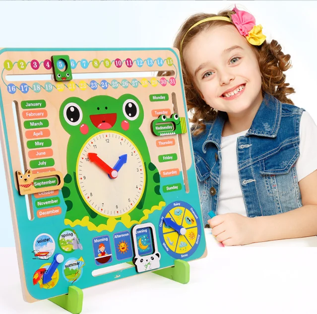 Montessori wall calendar Wooden Frog Clock Toys Weather Calendar Wooden Toys Time Cognition Preschool Educational Teaching Aids