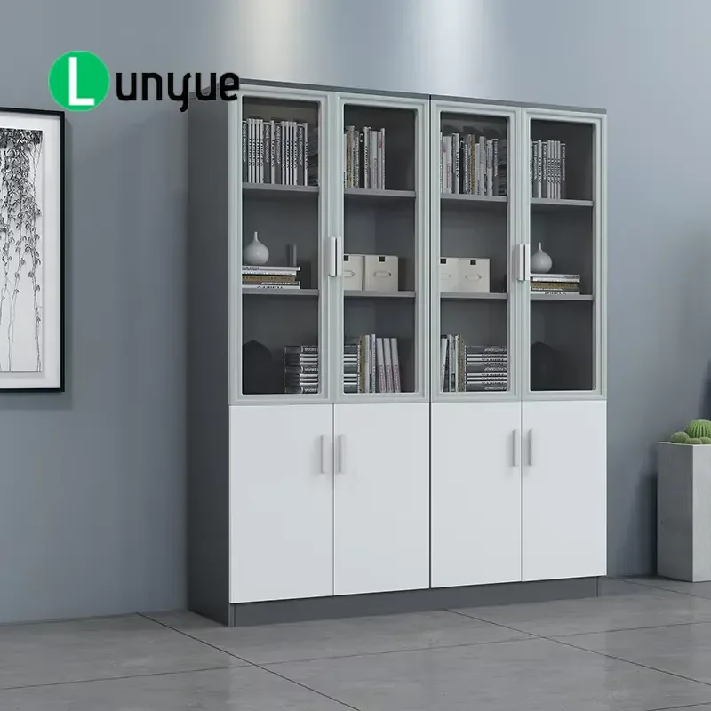 Wooden File Cabinet with Glass Door Lock Modern Floor to Ceiling Office Storage Locker for Documents and Supplies
