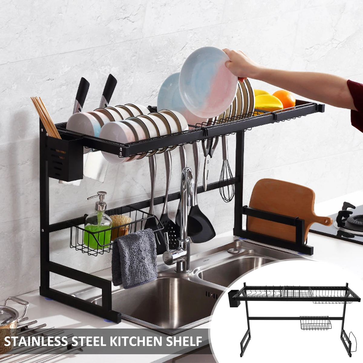 

Dish Drying Rack Stainless Steel Dish Drainer Organizer Large Capacity Utensil Drying Holder Adjustable Drainer Storage Holder