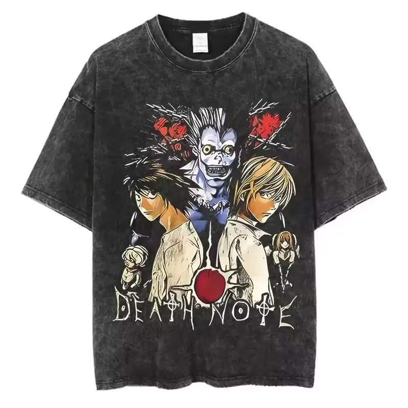 

Футболка Death Note с Лайтом Ягами и Рюком, винтажная, с эффектом потертости, с аниме-графикой, уличная одежда, повседневная, оверсайз, хлопковая, для мужчин и женщин, летняя