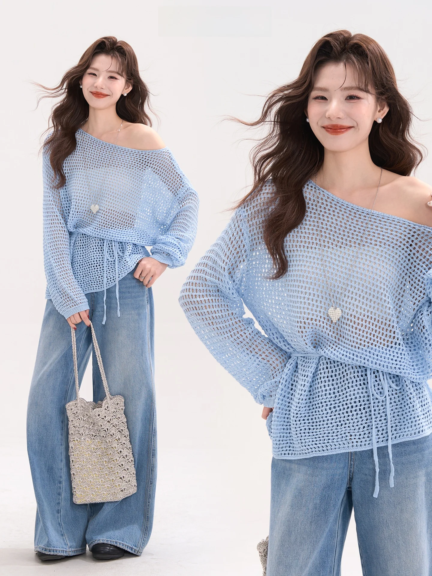 

Heme Knitted Sweater Women's Soft Gentle Hollow out Belted Loose Fit Long Sve Korean Sle Spring Faion Casual Top