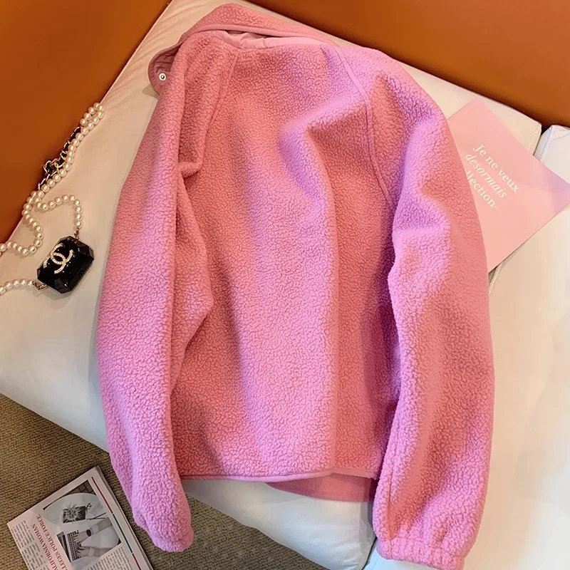 달콤한 일본 스타일 핑크 양털 재킷 루즈핏 가을 겨울 패셔너블 코튼 재킷 여성 남성용 코트