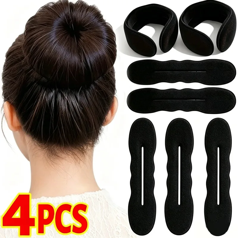 Image of 4er-Set Schwamm-Haarstyling-Tools: Plastik-Haarwickler, Scrunchie, Haarband, Donut-Duttformer, Lockenwickler, Haarbänder, Frisurwerkzeuge