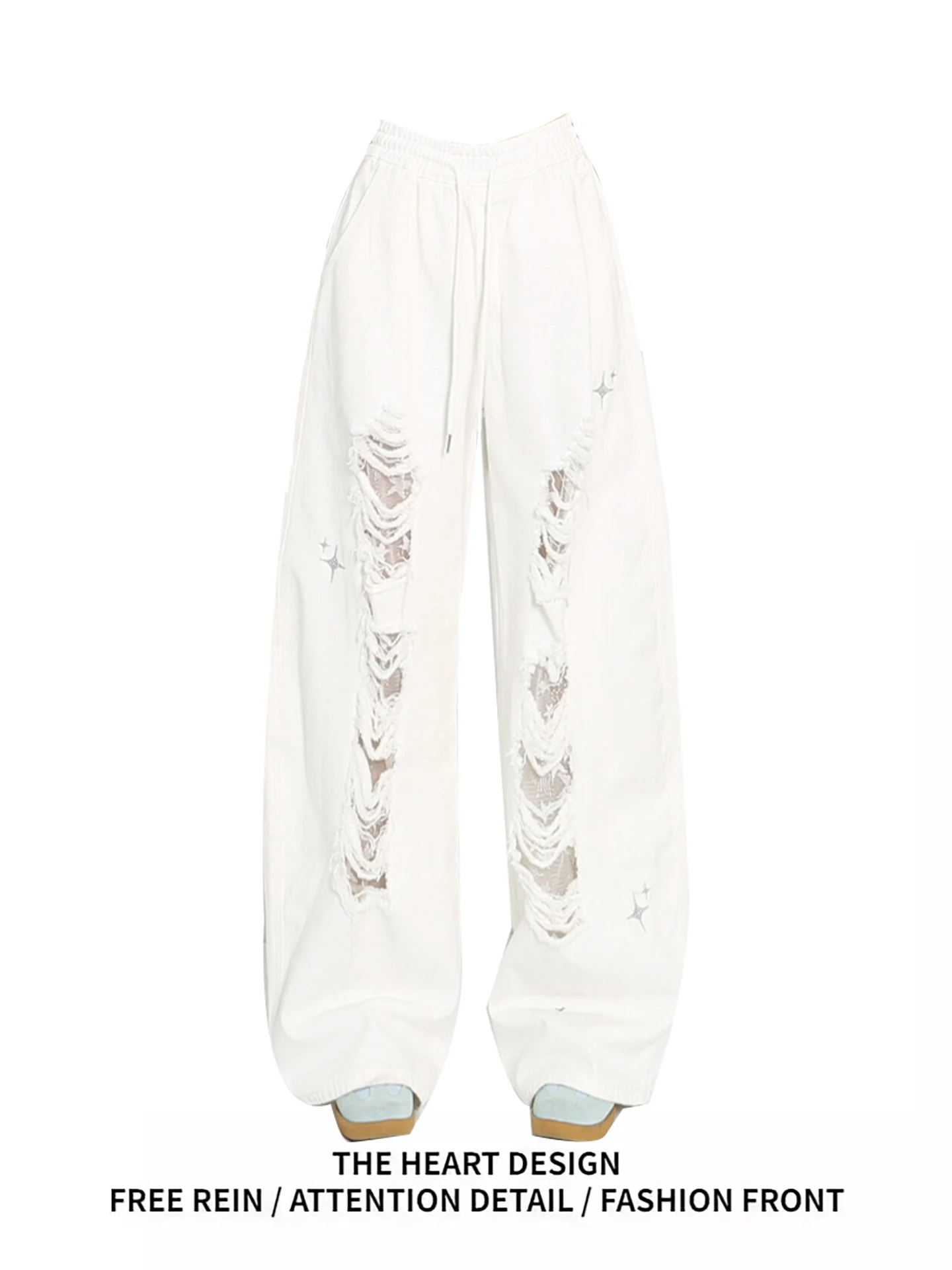 

American Sle Lace Splicing Hole Blade Jeans Women's Trendy Brand Jazz Dance Sexy Casual Workwear Long Pants Straight Leg