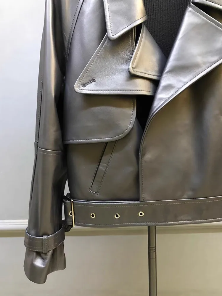 Wysokiej jakości damska odzież robocza Prawdziwa skórzana kurtka Pasek Dwuwarstwowy kołnierz Prawdziwa owcza skóra Długi rękaw Odzież wierzchnia Płaszcz codzienny