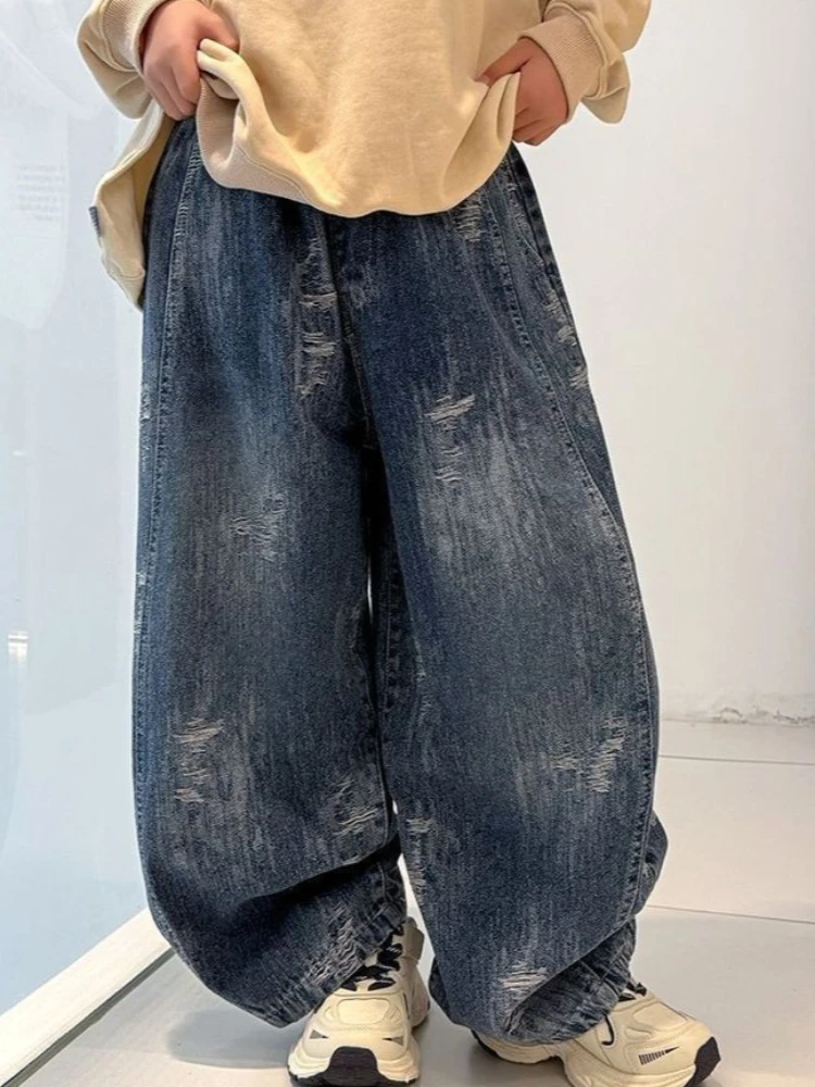 2026 New Boys Jeans Spring Autumn Casual Straight Wide Leg Pants for Big Kids Children Trousers Fashion Denim Bottoms