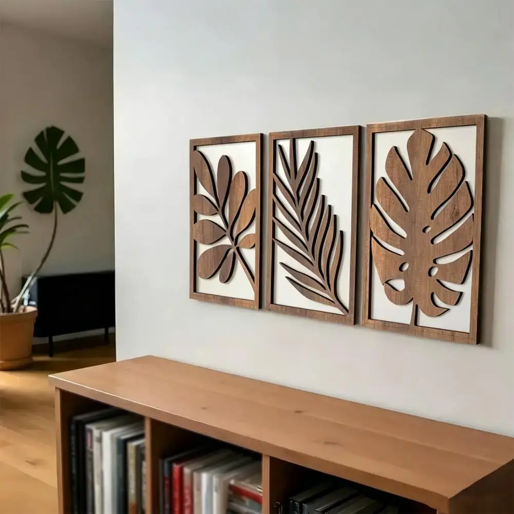 3 Pcs Nordic Style Wood Decor Tropical Plant Boho Wall Decor Wall Sculpture Panel for Home Living Room, Bedroom, Kitchen view 3