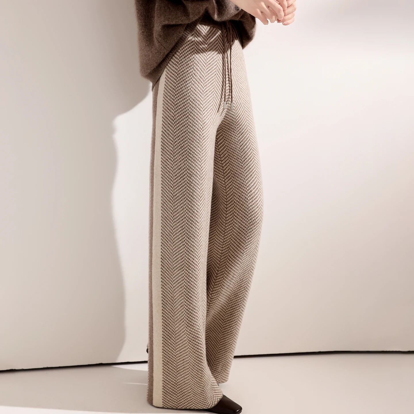 

High Quality Women Wide-Leg Trousers New Autumn Winter Soft Thick Warm Woman 100% Merino Wool Trousers Herringbone‌ Wool Pants