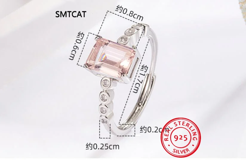Emerald Cut Created Pink Sapphire 925 Sterling Silver Geometric Rectangle Adjustable Ring for Women Statement Gemstone Jewelry view 4