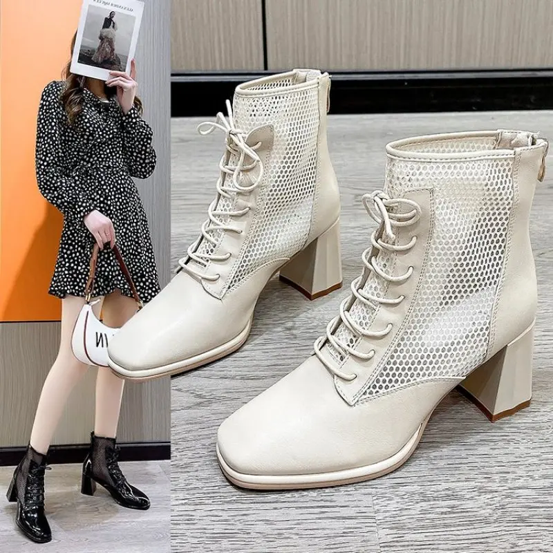 

2024 Skeleton Chunky Heel Women Sandals Patchwork Straps Summer Casual Fashion Heels Sandals Square Toe Breathable Mesh Boots