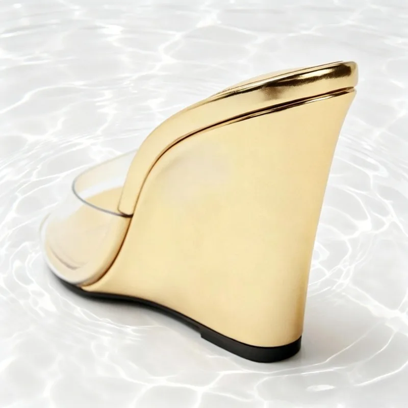 Unique Laminated Wedge Sandals Women Fashion Vinyl-effect Front-strap Slide Sandals Elegant Round-toe Open-toe Designer Shoes view 4