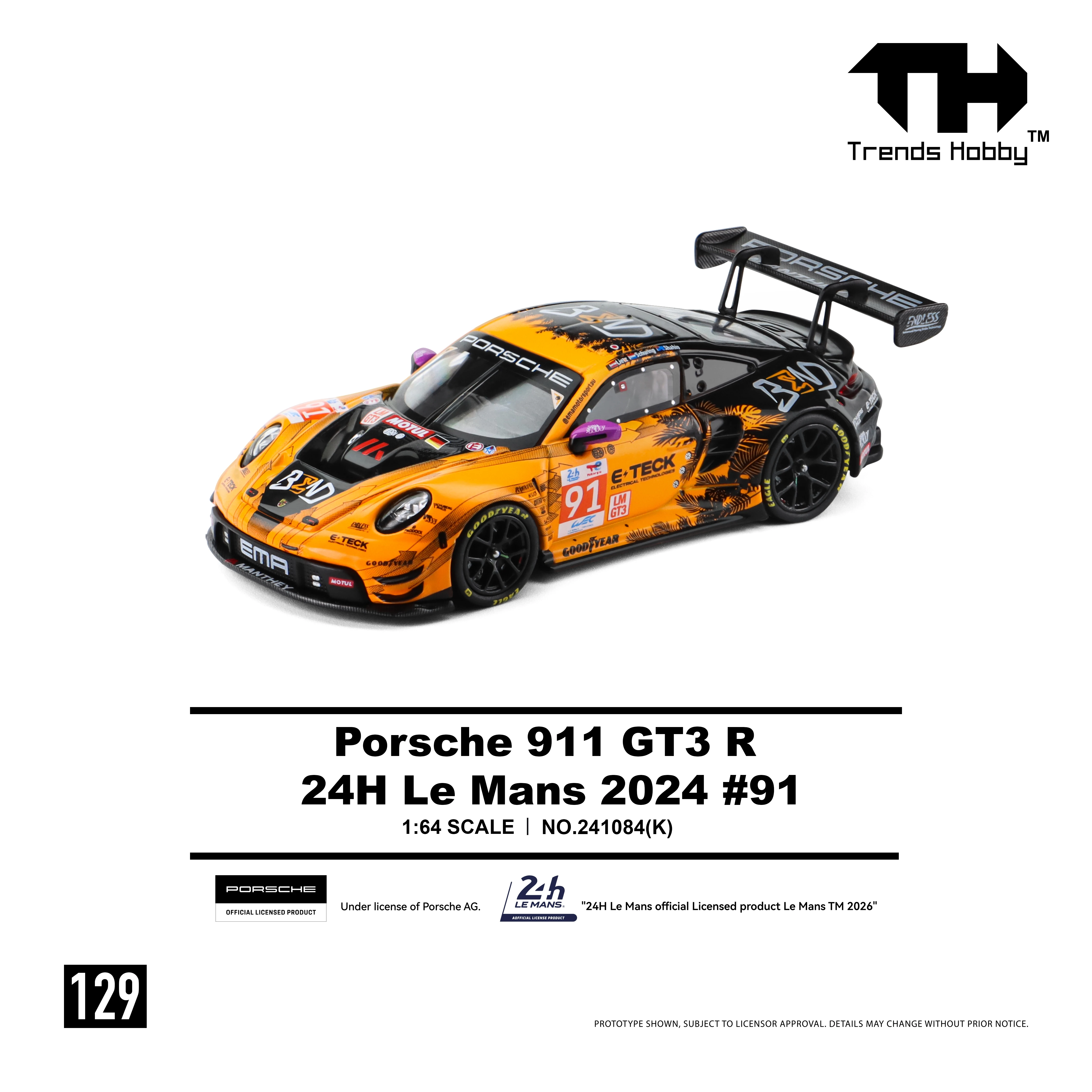 Trends Hobby 1/64 Porsche 911 GT3 R NO.91 2024 LeMans 24H LMGT3 Miniature Model Toy Car Free Wheels Diecast Collection Gift