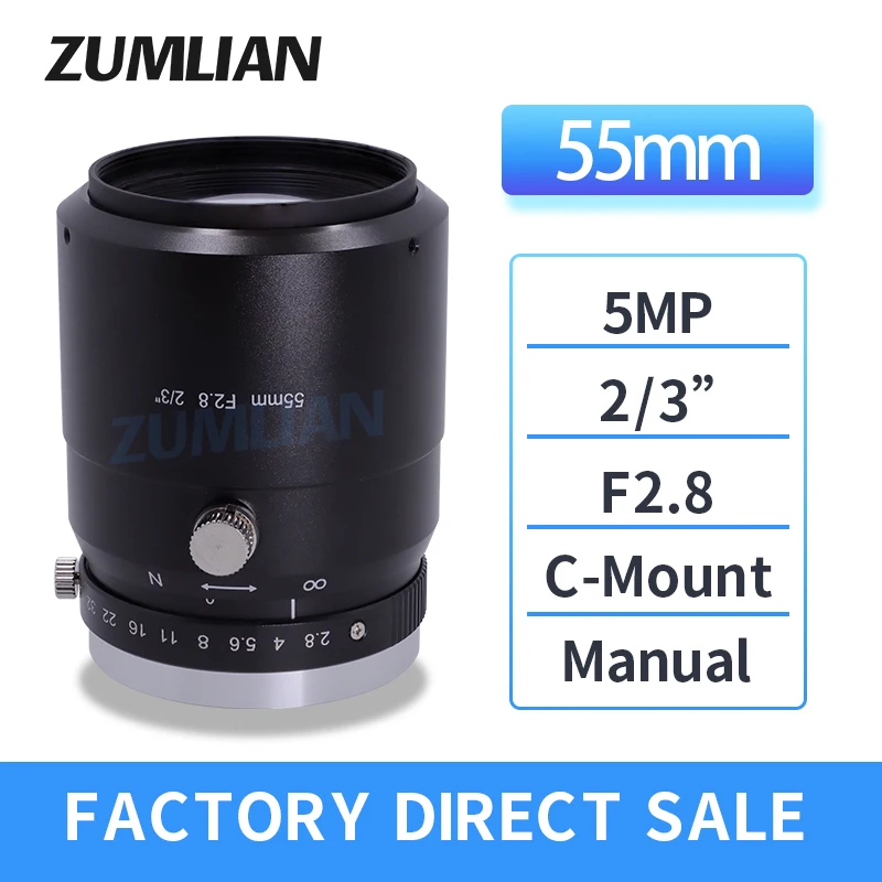 

ZUMLIAN 55mm Macro Lens F2.8 C-Mount 2/3'' Machine Vision Industrial Camera 5MP Fixed Focal Length FA Manual Iris Cameras