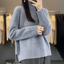 Turtleneck 100% Wool Sweater Women Fashion Solid Split Clothes Autumn Winter New Casual Tops Knitted Long Sleeve Female Pullover