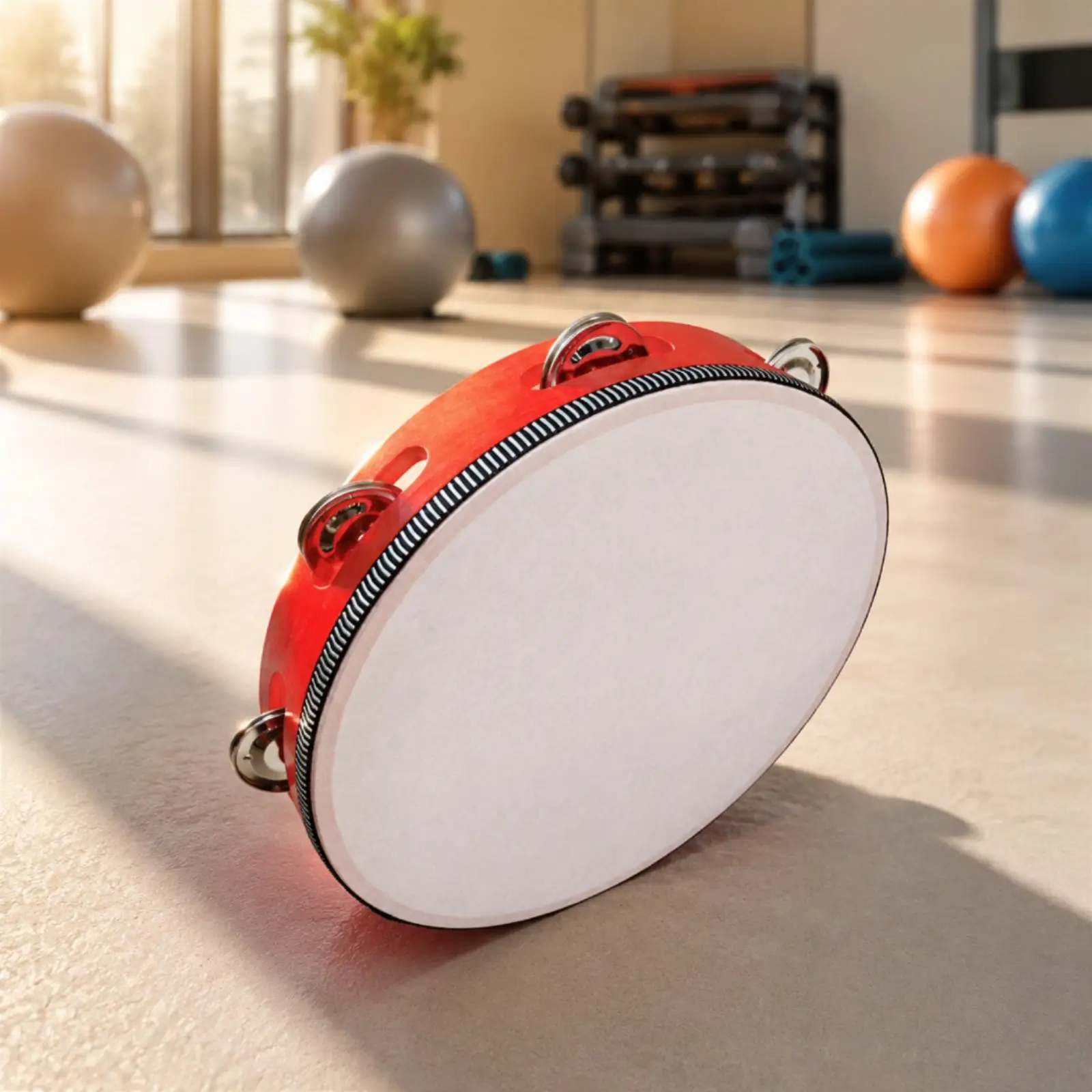 Handheld Wooden Tambourine for Kids 8 Inch Round Percussion Drum with Metal Cymbals for School Music Lesson Rhythm Game