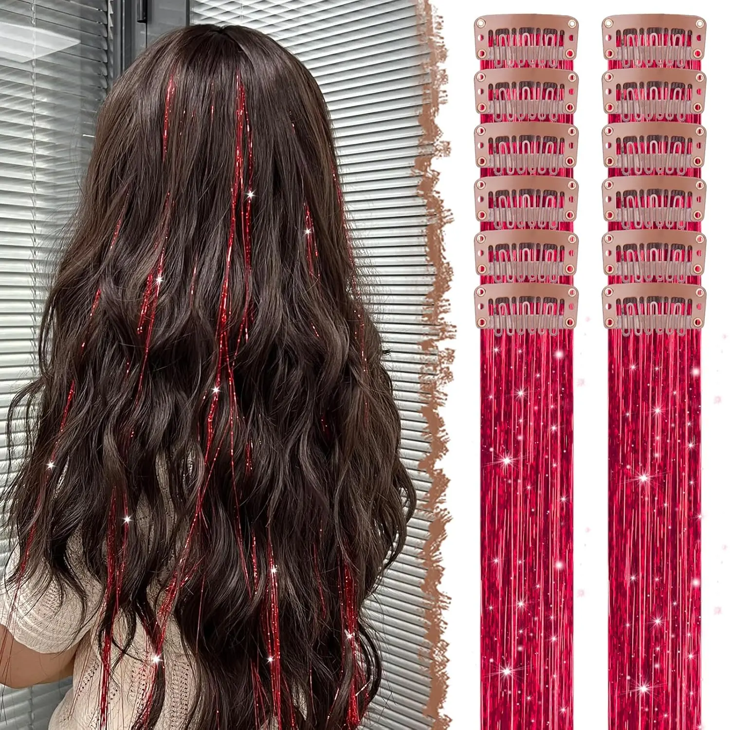 

12 Pcs Glitter Tinsel Hair Extensions - 20 Inch Clip in Hair Tinsel Kit, Sparkle Fairy Dazzle Colorful Accessories for Women