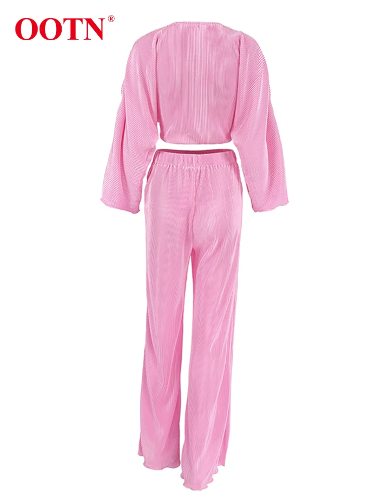 OOTN Pleated Office Solid Women Pants Sets Two Pieces Pink Cross V-Neck Shirts And Pleated Trousers Autumn Winter 2024 Ladies