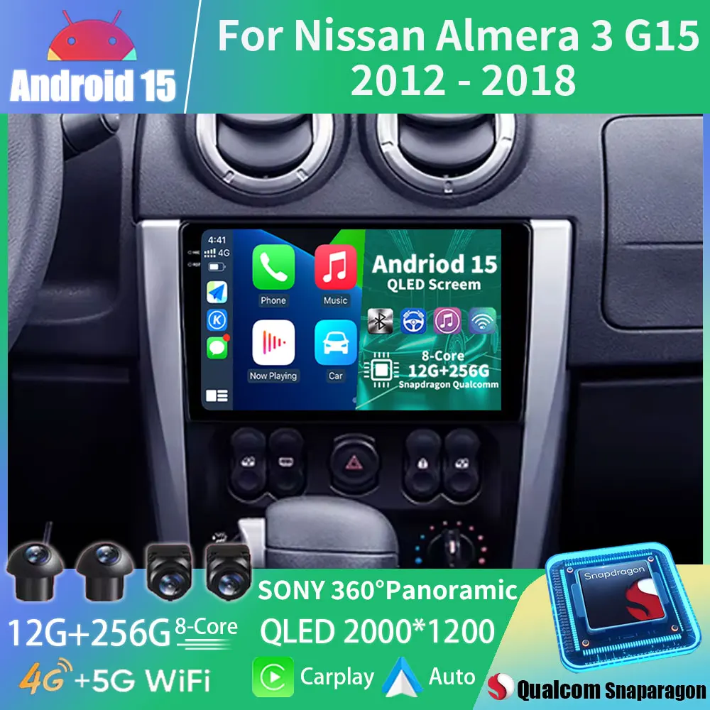 Автомобильный радиоприемник Android 15 для Nissan Almera 3 G15 2012-2018 GPS Мультимедийный плеер Navi Головное устройство Стерео Беспроводной Carplay QLED Видео