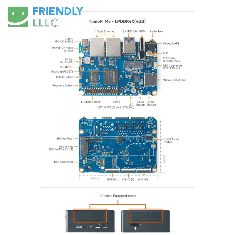Nanopi M5 لوحة واحدة مفتوحة المصدر Rockchip Rk3576 Soc Ufs 2.0 وحدات ( M.2 Sdio Wifi 32 بت Lpddr4x/lpddr5 رام #6