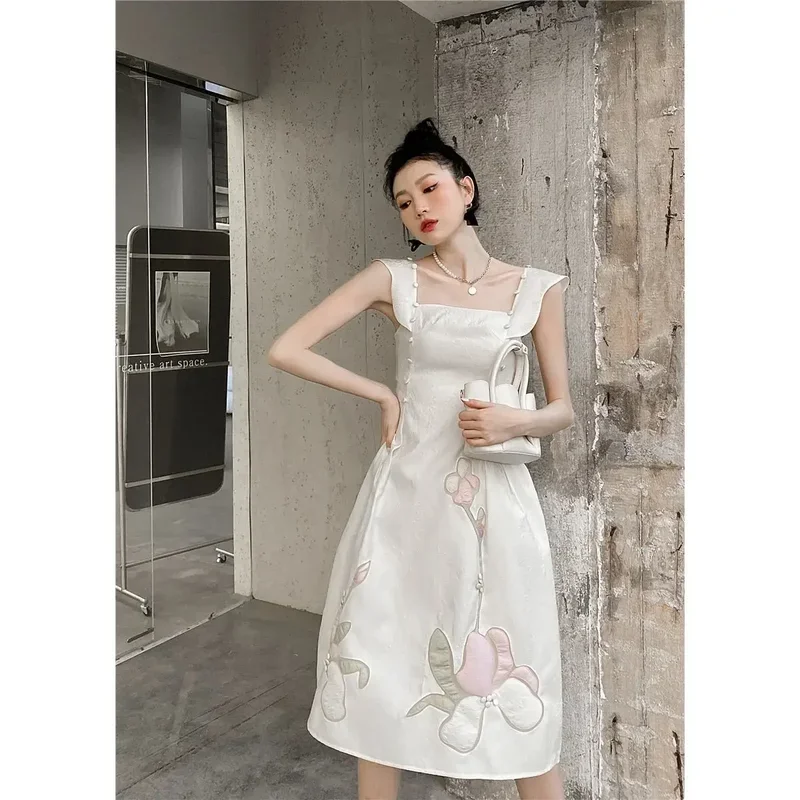 Summer New 3D Flower Ruffle Edge Gentle Fairy Style White Dress Women Square Neck Sleeveless Waist Slim A-line Mid Length Dress