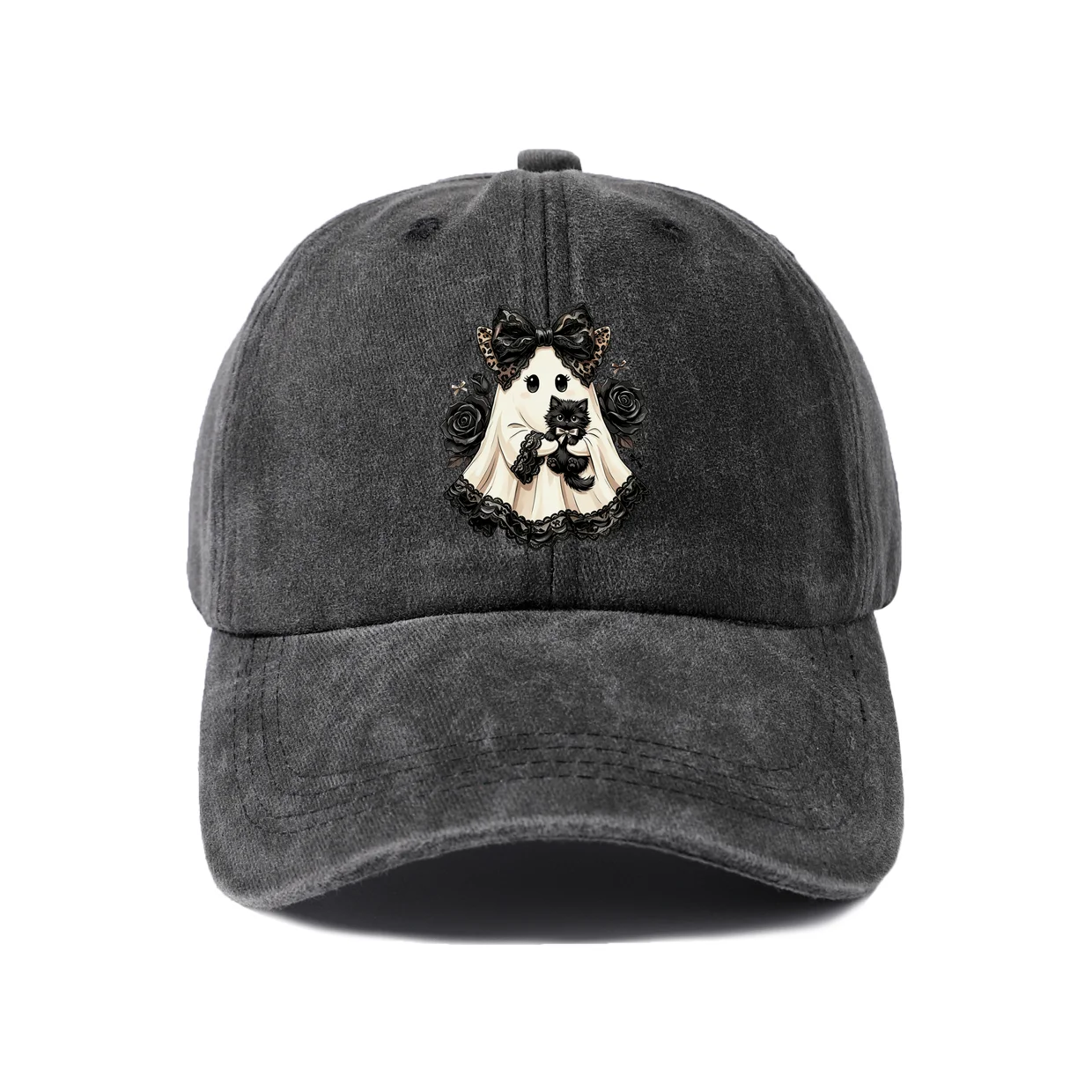 Gothic Ghost Couple with Roses Graphic Vintage Washed Baseball Cap, Adjustable Unisex Dad Hat for Men and Women