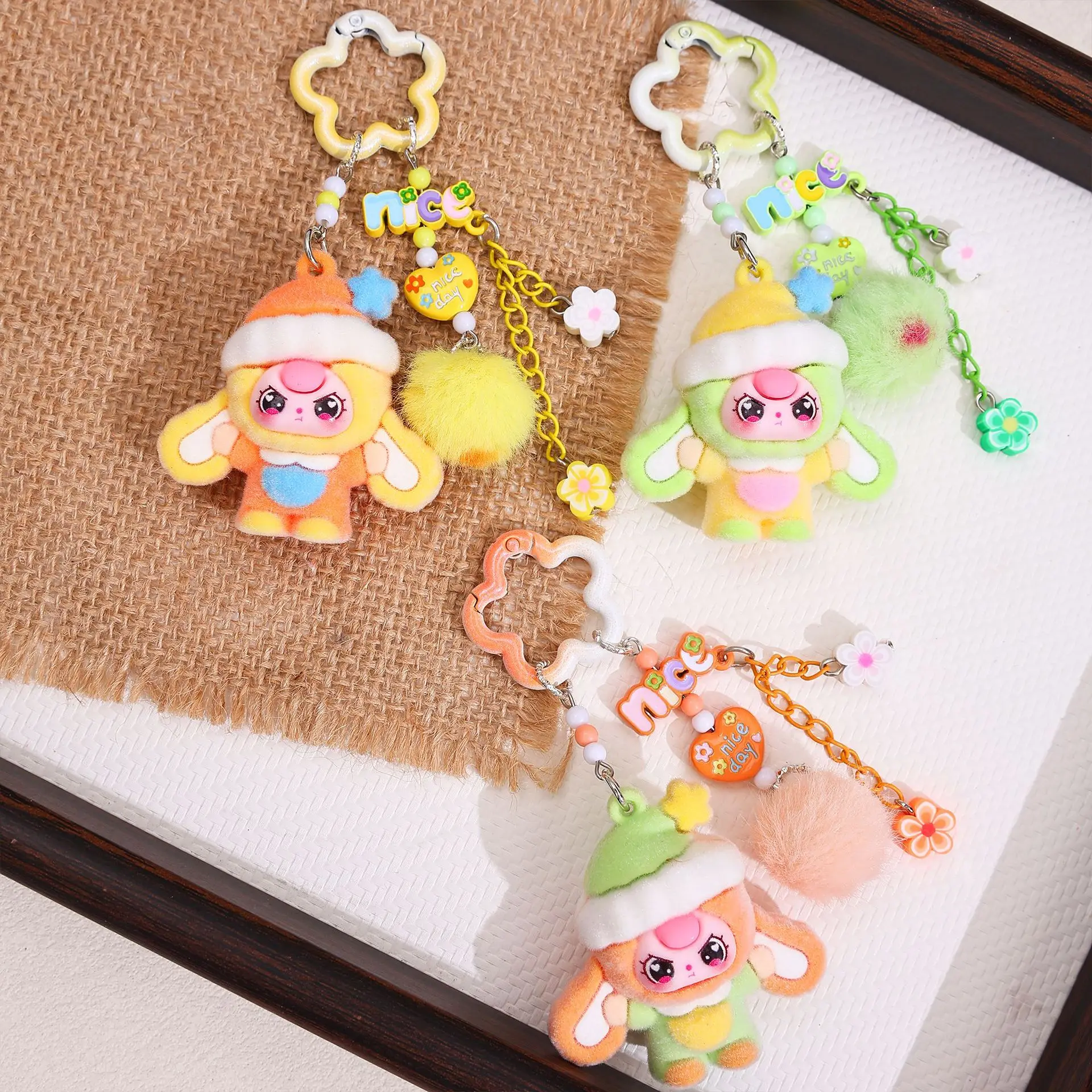 Mini Baby Three Flocking Keychain Trendy Doll Figures Key Chain Kawaii Dora Wendy Doll Keyring Bag Charms Christmas Gifts