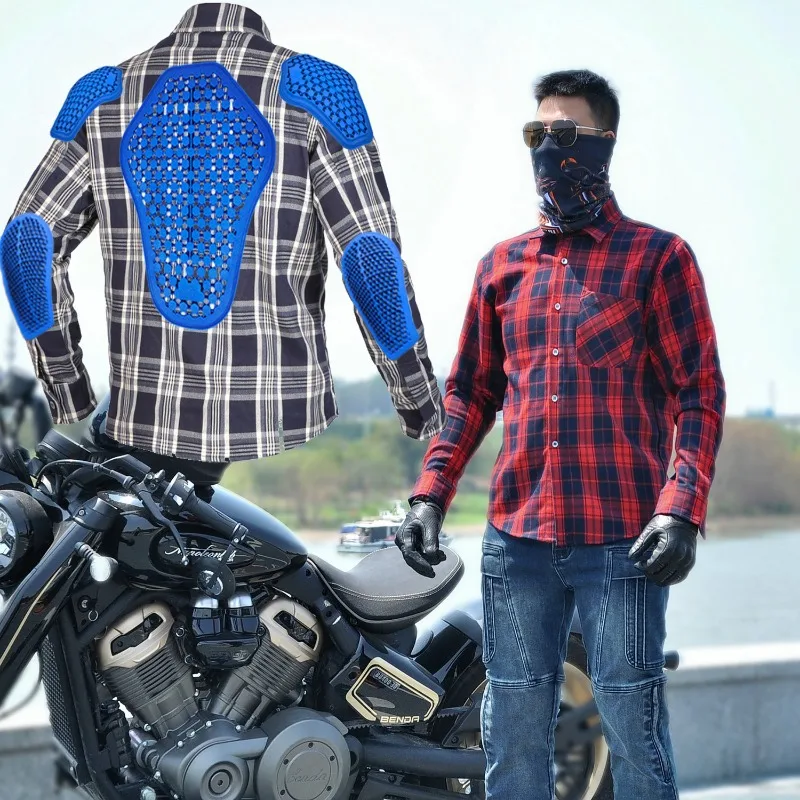 

VOLERO Motorcycle Jacket Men Casual Retro Four Season Motorcycle Checkered Shirt Riding Suit Anti Fall Submachine Jacket