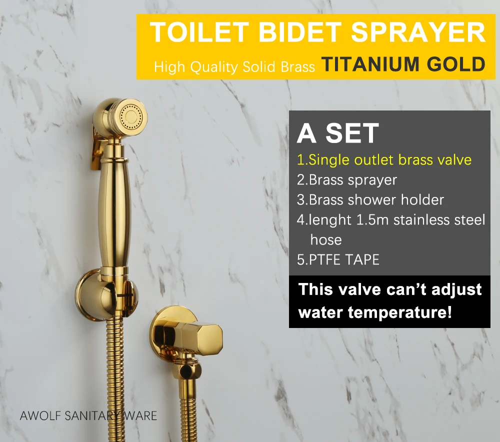 Awolf Titanium Gold Handheld Toilet Bidet Sprayer Solid Brass High Pressure Hygienic Shower Head Shattaf Set Bidet Faucet AP2107