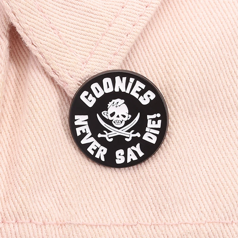 Goonies Never Say Die Enamel Pin Punk Skull and Swords Halloween Brooch Lapel Badge Jewelry Accessories Gift for Friends